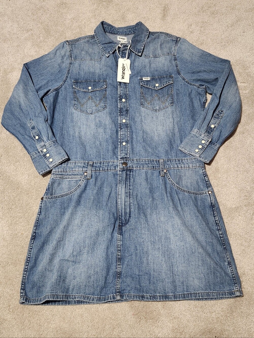 NWT Wrangler Women's Mini Denim Dress Pearl Button 100% Cotton Size XL - Picture 2 of 9